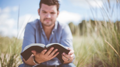 A man reading a Bible outside.