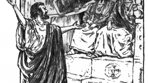 Illustration of the apostle Paul preaching.