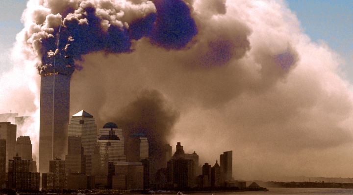 The Twin Towers in NYC burning.
